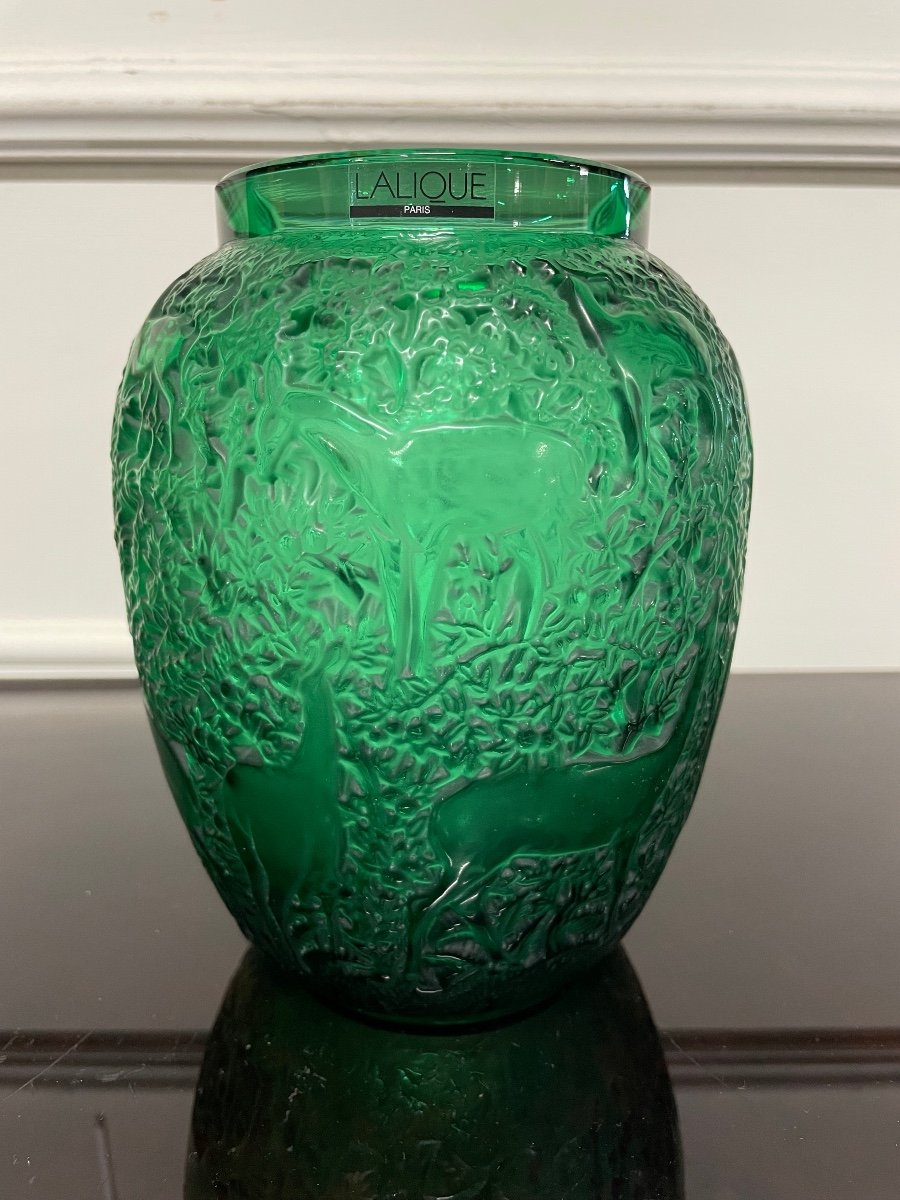 Lalique France - Vase Aux Biches Cristal Vert Style Art Deco